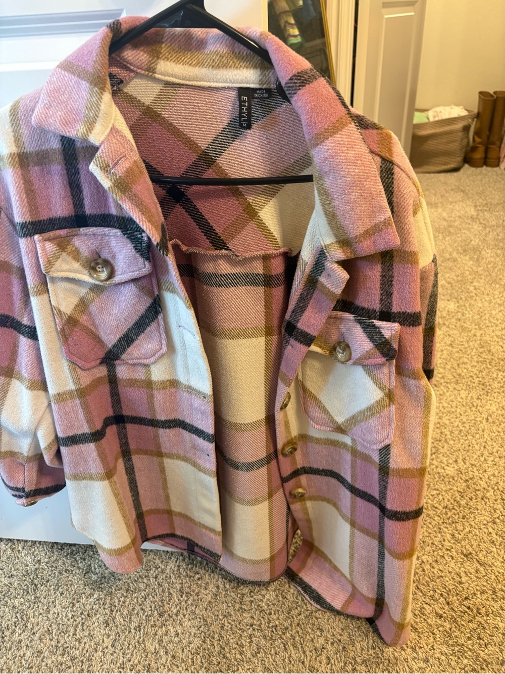 Ethyl Pink Plaid Utility Shacket with Cream & Tan Accents
